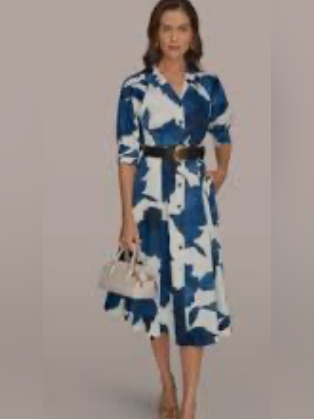 Donna Karan New York Printed Elbow Sleeve Belted Shirt Dress